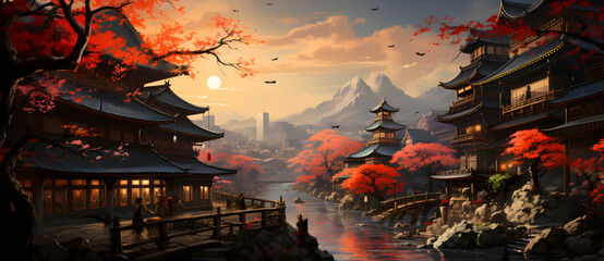 Fototapeta na wymiar an oriental - style city scene with bright red trees Generated by AI