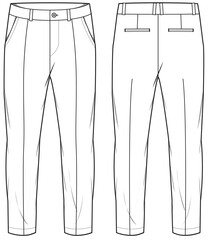 Men's formal trouser pant front and back view flat sketch fashion illustration, Woven Tailored chino pants vector template