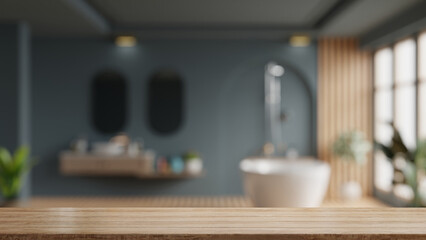 Empty wooden table and blurred view of blue bathroom room.