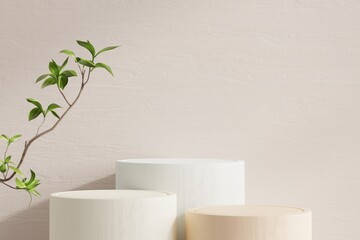 Podium in abstract cream room composition for product presentation.