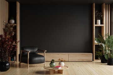 TV room interior with black leather armchair on empty dark wall background. - 621562853