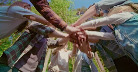 Group of young people putting hands together in circle outdoors on background of trees. Clash of hands of men and women. Diversity multicultural group communication. Unity concept.