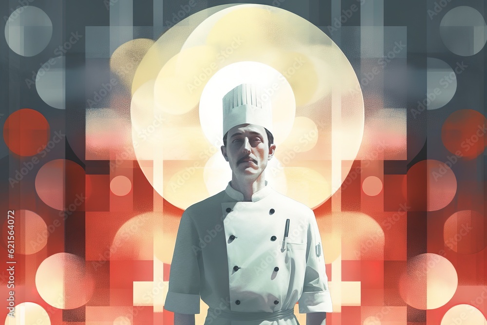 Poster an image of a guy dressed in the uniform of a chef.