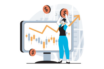 Stock market concept with people scene in flat design for web. Woman investing money and getting profit growth on financial graph. Vector illustration for social media banner, marketing material.