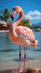 A flamingo standing on a beach next to a body of water. Generative AI.
