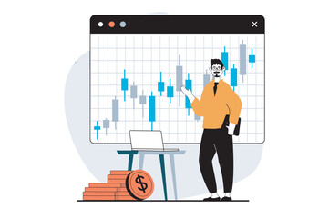 Fototapeta na wymiar Stock market concept with people scene in flat design for web. Man making financial invests and getting profit growth trend on graph. Vector illustration for social media banner, marketing material.