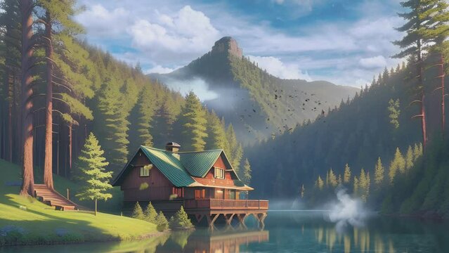 beautiful view of wooden house over lake, with mountains and misty clouds. Cartoon or anime watercolor painting illustration style. seamless looping virtual video animation background.