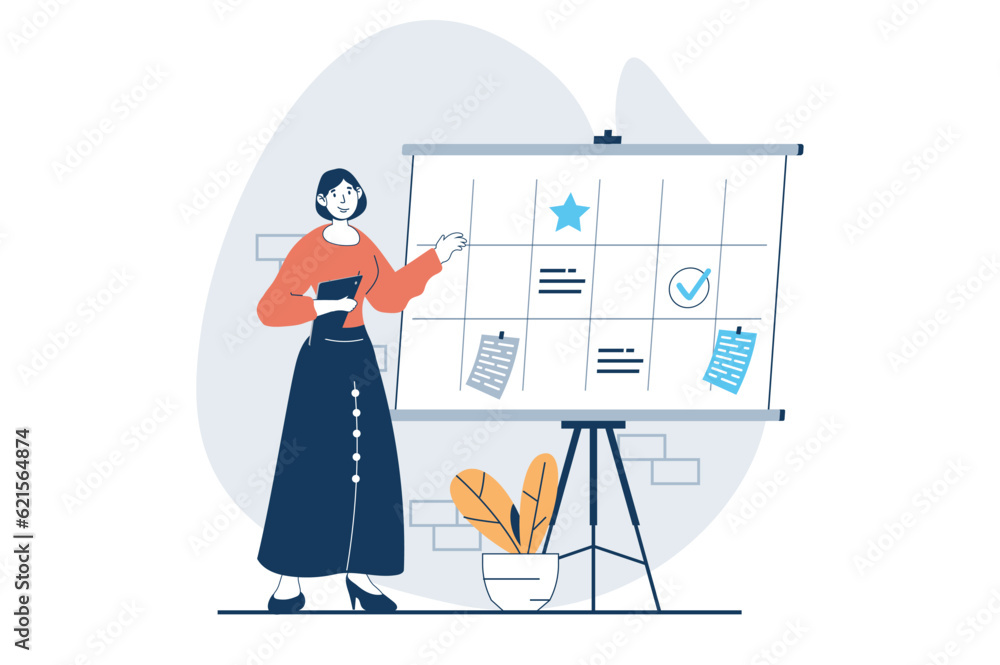 Wall mural strategic planning concept with people scene in flat design for web. woman scheduling tasks and work