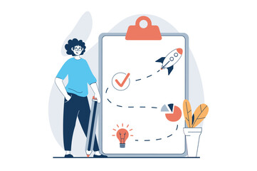 Strategic planning concept with people scene in flat design for web. Man creating success plan of startup launching and developing. Vector illustration for social media banner, marketing material.