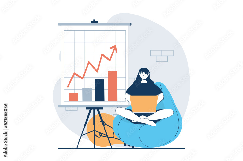 Aufkleber Strategic planning concept with people scene in flat design for web. Woman analyzing data and making report presentation for business. Vector illustration for social media banner, marketing material.