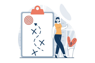 Strategic planning concept with people scene in flat design for web. Woman creating route scheme to goal for business development. Vector illustration for social media banner, marketing material.