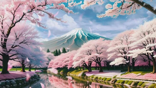 natural scenery with blooming and falling cherry blossoms, mount fuji, and clear water. Cartoon or anime watercolor painting illustration style. seamless looping virtual video animation background.