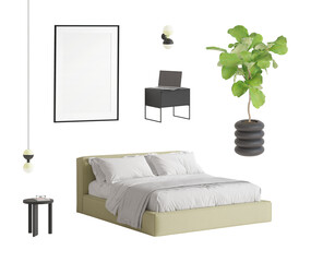 Set of isolated bedroom furniture 10. Perspective. Light green soft textile bed, round black table, a laptop on a black sideboard, colored sconce, pendant, blank poster, ficus tree on pot. 3d render