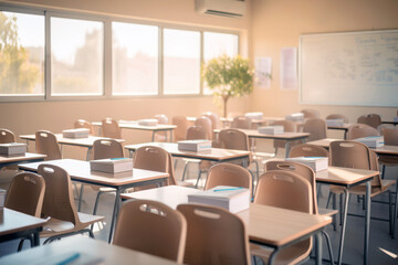 School classroom interior. Empty students desks and chairs, big windows 