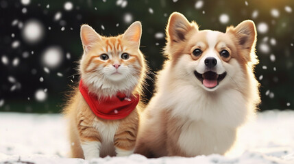 Cute red cat and Welsh Corgi dog on snow background.Christmas Winter-Themed Pet. 
Happy International Cat Day And National Dog Day.
Merry Christmas And Happy New Year Concept.