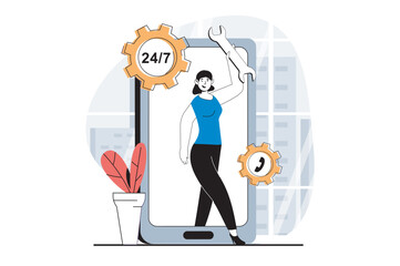 Technical support concept with people scene in flat design for web. Woman working in call center, consulting and solving problems. Vector illustration for social media banner, marketing material.
