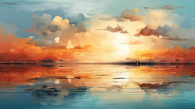 A painting of a sunset over a body of water. Generative AI.