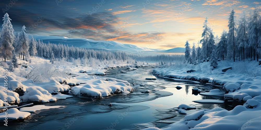Poster a river running through a snow covered forest. generative ai.