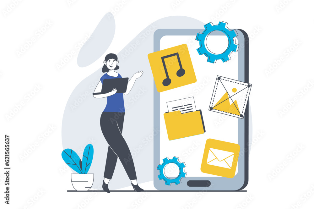 Leinwandbilder UI UX design concept with people scene in flat graphic for web. Woman creating mobile user interface layout and placing elements. Vector illustration for social media banner, marketing material.
