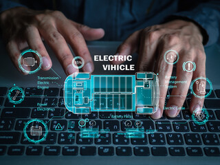 Electric Vehicle Interior High-Tech Dashboard and Modern Design. Electric Car Battery Technology Advancements in Energy Storage. Combining Electric Power and Internal Combustion Engine.