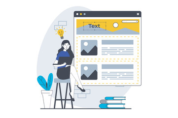 UI UX design concept with people scene in flat graphic for web. Woman working with website layout, filling content and editing page. Vector illustration for social media banner, marketing material.
