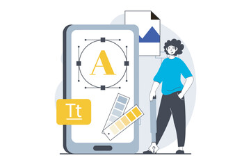 UI UX design concept with people scene in flat graphic for web. Man drawing image, creates elements, making digital content for layout. Vector illustration for social media banner, marketing material.