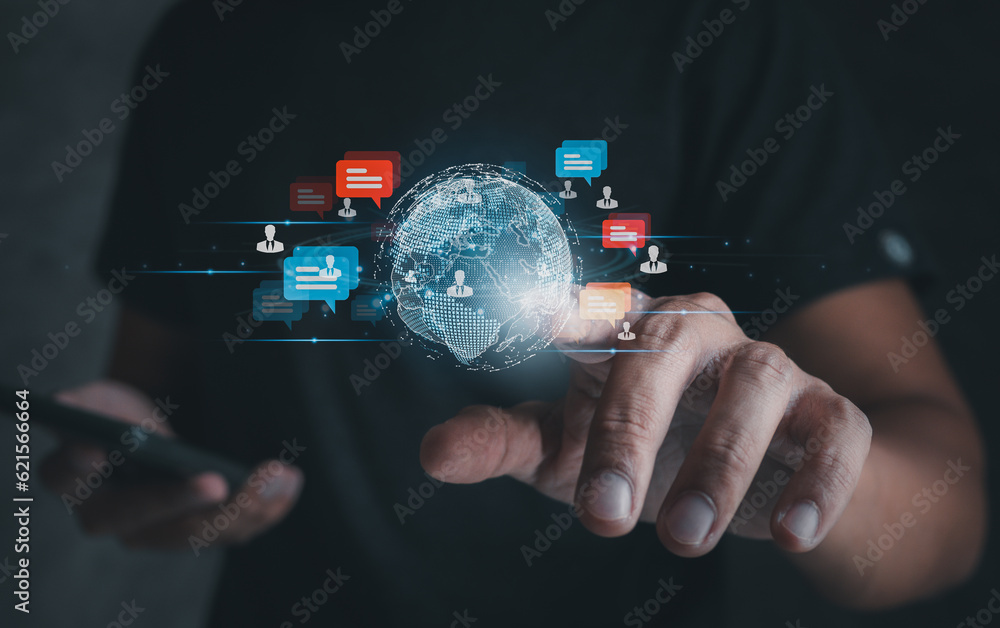 Poster social networking people interacting and building relationships online through a digital network.sup
