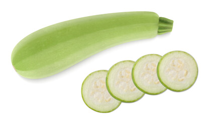 Marrow or zucchini with slices isolated on white background. Whole and chopped vegetable. Realistic 3d vector illustration. Clipping path and full depth of field.