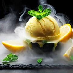 Delicious creamy and citrus lemon ice cream decorated with mint and served in smoke on a stone slate over a black background - obrazy, fototapety, plakaty