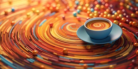 Close-up of coffee cup with a swirling abstract pattern made from different colored beans, concept of Organic, created with Generative AI technology