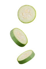 Flying marrow zucchini slices isolated on white background. Falling pieces of marrow vegetable. Can be used for advertising, packaging, banner, poster, print. Realistic 3d vector