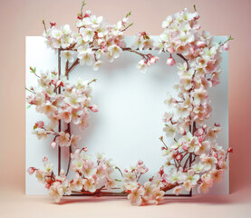 Creative spring frame of fresh cherry blossom and leaves. Copy, empty space. Soft pastel background, flat background. Floral colorful decoration. Illustration, Generative AI.