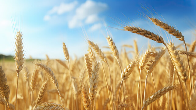 Gold ears of wheat, soft focus on field. Agricultural scene background at beautiful sunset. Ripe wheat field nature scenery in summer field. Cereal farming. Generative AI