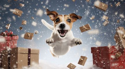 dog jumping in the air, bouncy and christmas boxes generativa IA - obrazy, fototapety, plakaty