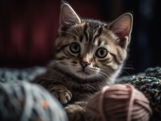 Cute and adorable kitten playing with a ball of yarn on a sofa with pillows and blankets. Cute scottish straight kitten playing with balls of yarn. Realistic 3D illustration. Generative AI