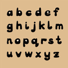 Hippie groove grunge low case letters collection. Retro trendy typeface. Stylized isolated characters with paint splashes texture. Funky typeset. Perfect for nostalgia lettering design