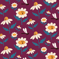 Fototapeta premium Childish pattern with cartoon chamomile characters on deep purple background. Retroemoricons elements in minimalistic style with facial expression. Suitable for decoration, kids textile, wrapping