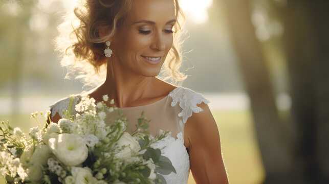Bride photography, blonde middle aged woman wearing a white dress holding a wedding bouquet with white flowers, morning light, outdoors photo created with generative AI