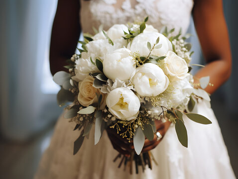 Bride holds a beautiful bouquet with white peony rose flowers and eucalyptus, African American female, brown skin, close up photo created with generative AI