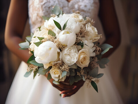 African-American bride, female wearing a wedding dress  holding a beautiful wedding bouquet, a bunch of white peony roses with eucalyptus, florist composition, photo, generative AI