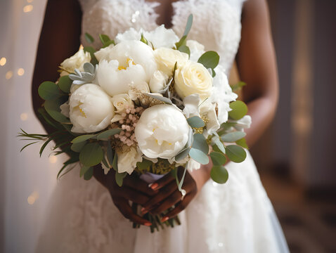 African-American female wearing wedding dress  holding a beautiful wedding bouquet in hands, bride carries a bunch of white peony roses with eucalyptus, wedding dress, photo, generative AI