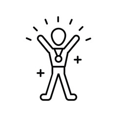 Joyful people with medal on neck celebrate winning champion, championshipship line icon vector. Happy, success symbol. Youth and sport day vector illustration for game interface, web, graphic design, 