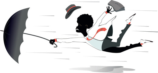 Windy day and African man flies with umbrella.
African man with an umbrella gone with the wind. Isolated on white illustration
