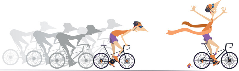 Illustration of cycling race. 
Cyclists in competition. Winner. Cyclist finishing with a winner ribbon 
