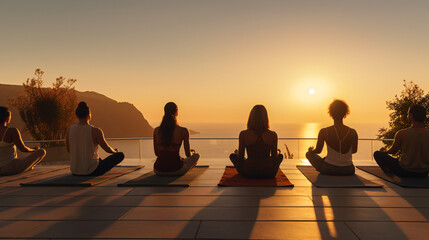  Group of People doing Yoga on a Terrace Overlooking the Ocean, Generative AI
