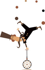 Funny man in the top hat balances on the unicycle.  Cartoon in the top hat balances legs up on unicycle and juggles the balls. Isolated on white background  © bigmen