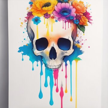 colorful skull illustration with flowers, drips