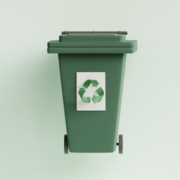 Recycle bin with recycling symbol. Green garbage can. 3d render illustration.