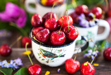 Fresh ripe cherries in a mug on summer background