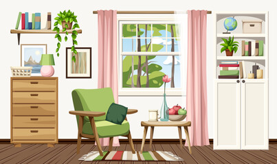 Living room interior design with an armchair, a white bookcase, and a dresser. Cozy room interior design. Cartoon vector illustration